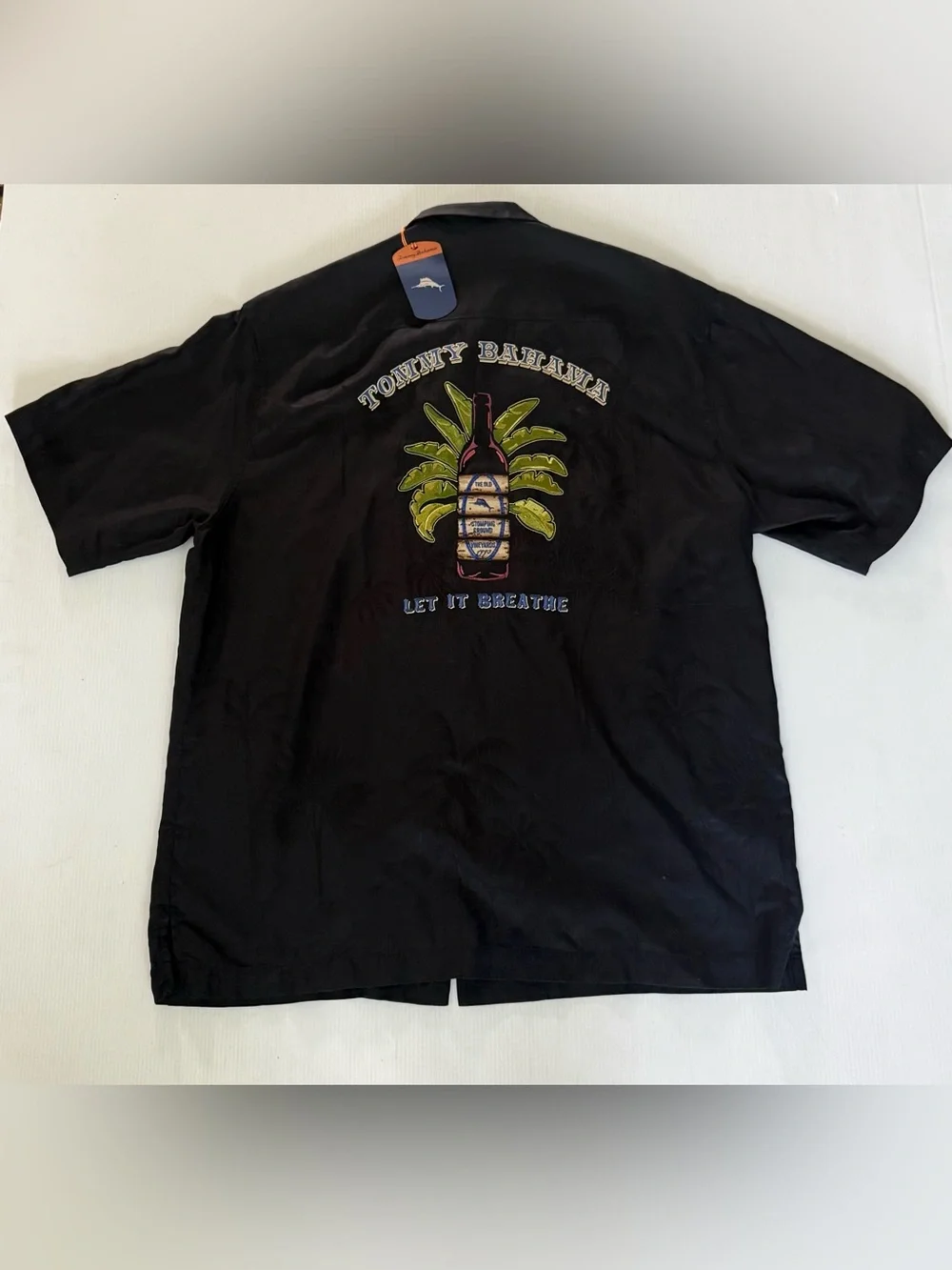 TOMMY BAHAMA Embroidered 100% Silk Black Button-Up Shirt ‘Let it Breathe’ Size M - Picture 1 of 8